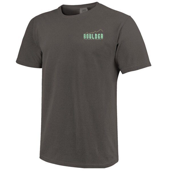 A dark gray unisex Image One short sleeve t-shirt with flatiron outline and "Boulder-University of Colorado" on front left chest.